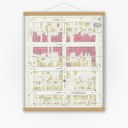 Old map wall art mockup — magnetic wood frame on white wall — Sanborn Fire Insurance Map from Chisholm, Saint Louis County, Minnesota (1921), Sheet #0004