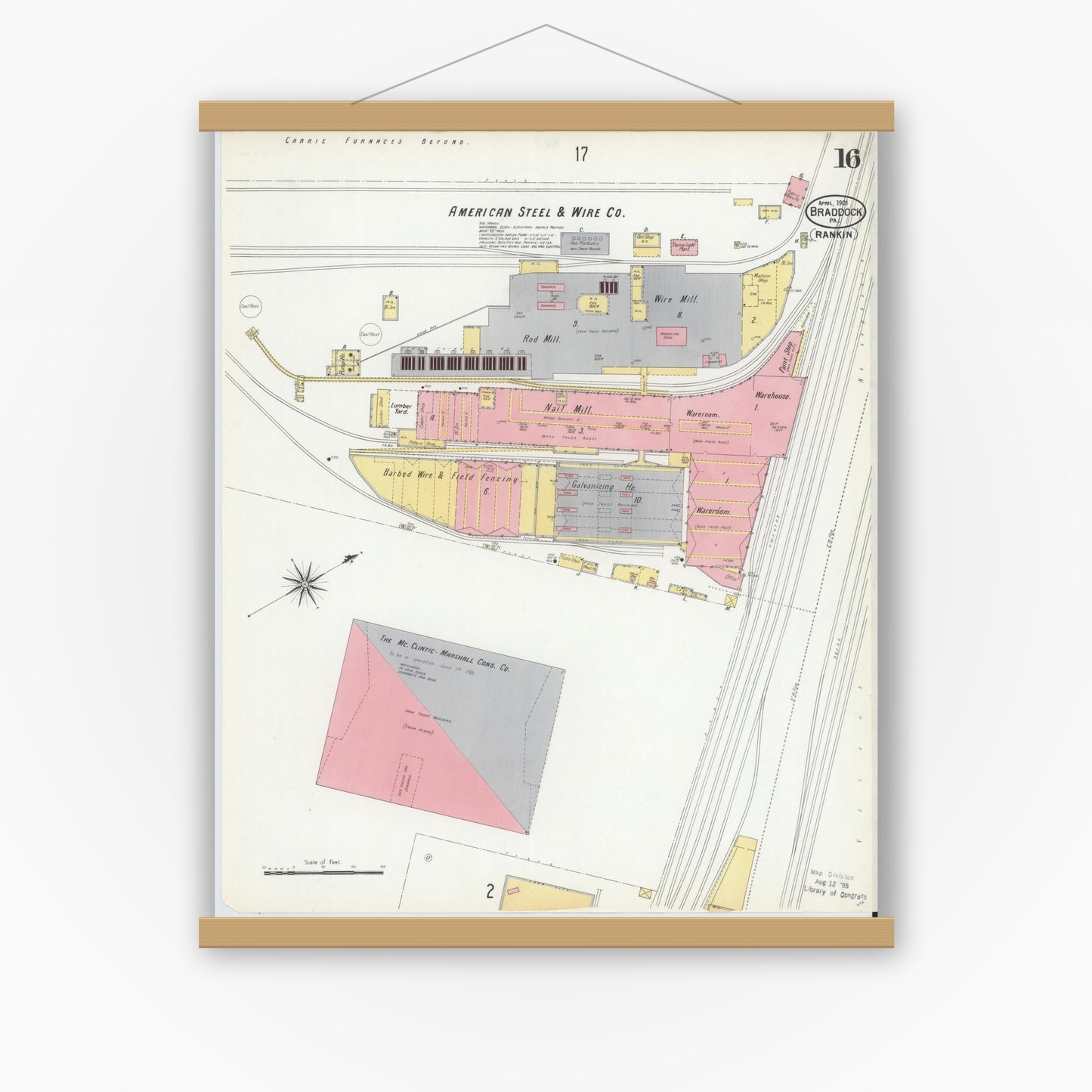 Old map wall art mockup — magnetic wood frame on white wall — Sanborn Fire Insurance Map from Braddock, Allegheny County, Pennsylvania (1901), Sheet #0016