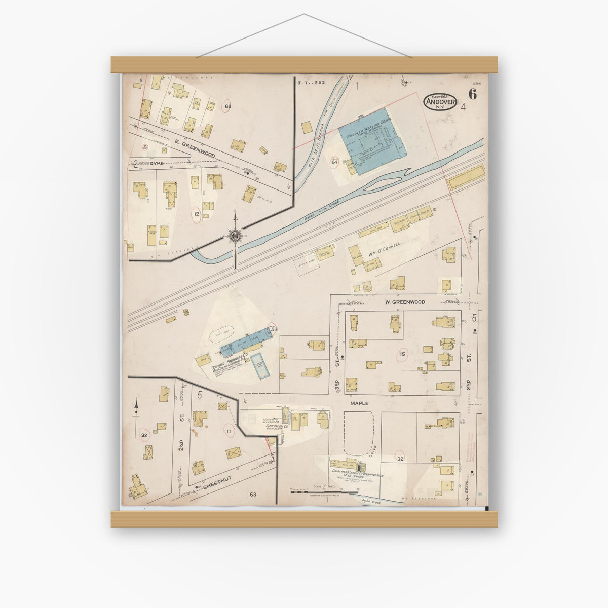 Old map wall art mockup — magnetic wood frame on white wall — Sanborn Fire Insurance Map from Andover, Allegany County, New York (1940), Sheet #0006