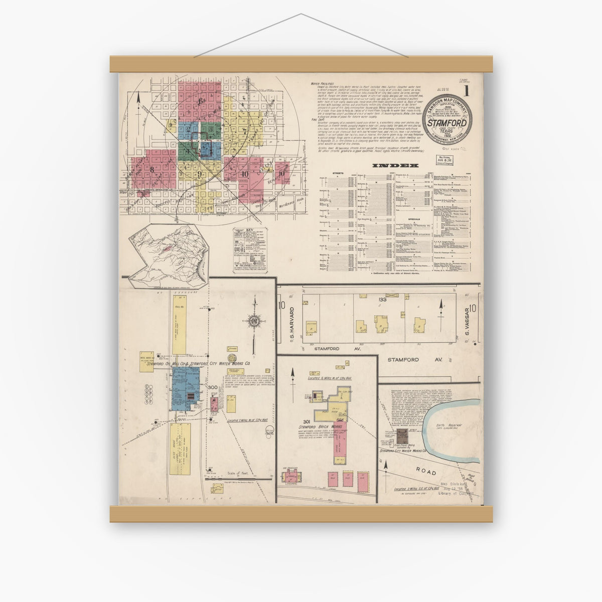 Old map wall art mockup — magnetic wood frame on white wall — Sanborn Fire Insurance Map from Stamford, Jones County, Texas (1922) - Complete Map Set