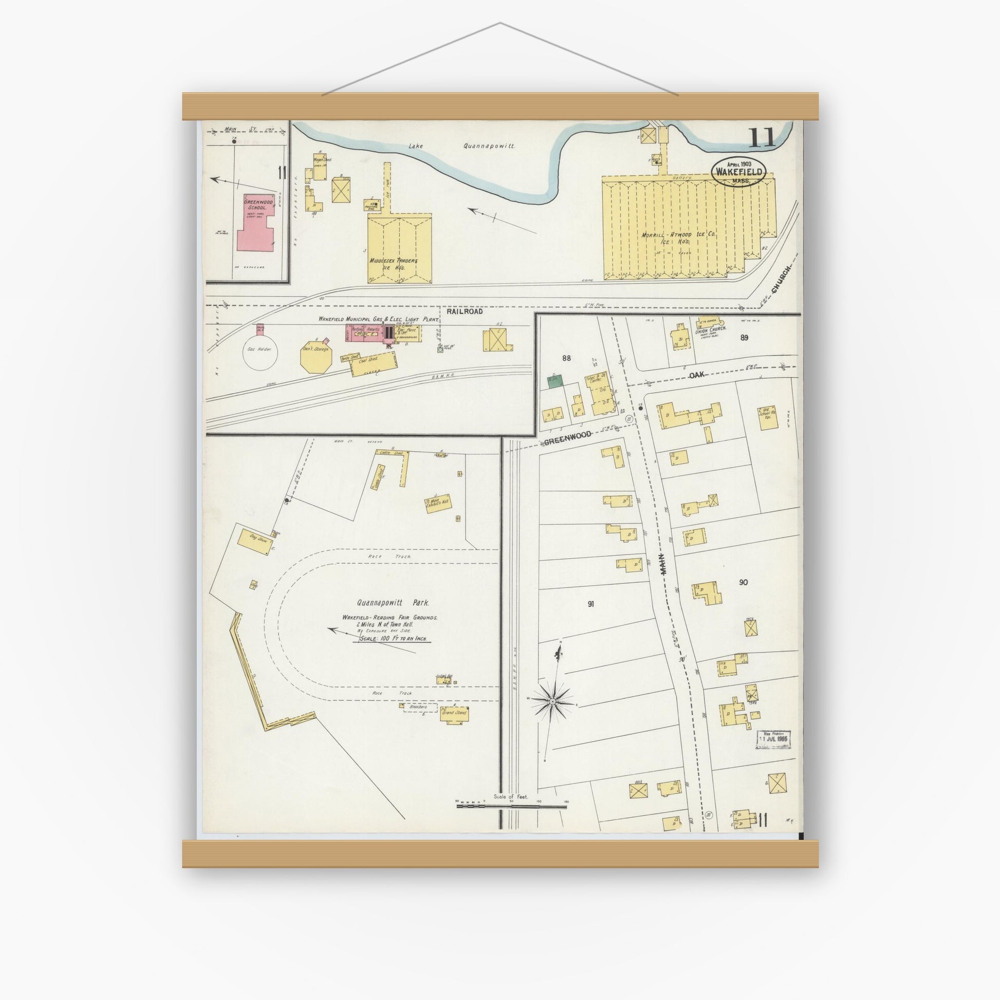Old map wall art mockup — magnetic wood frame on white wall — Sanborn Fire Insurance Map from Wakefield, Middlesex County, Massachusetts (1903), Sheet #0011