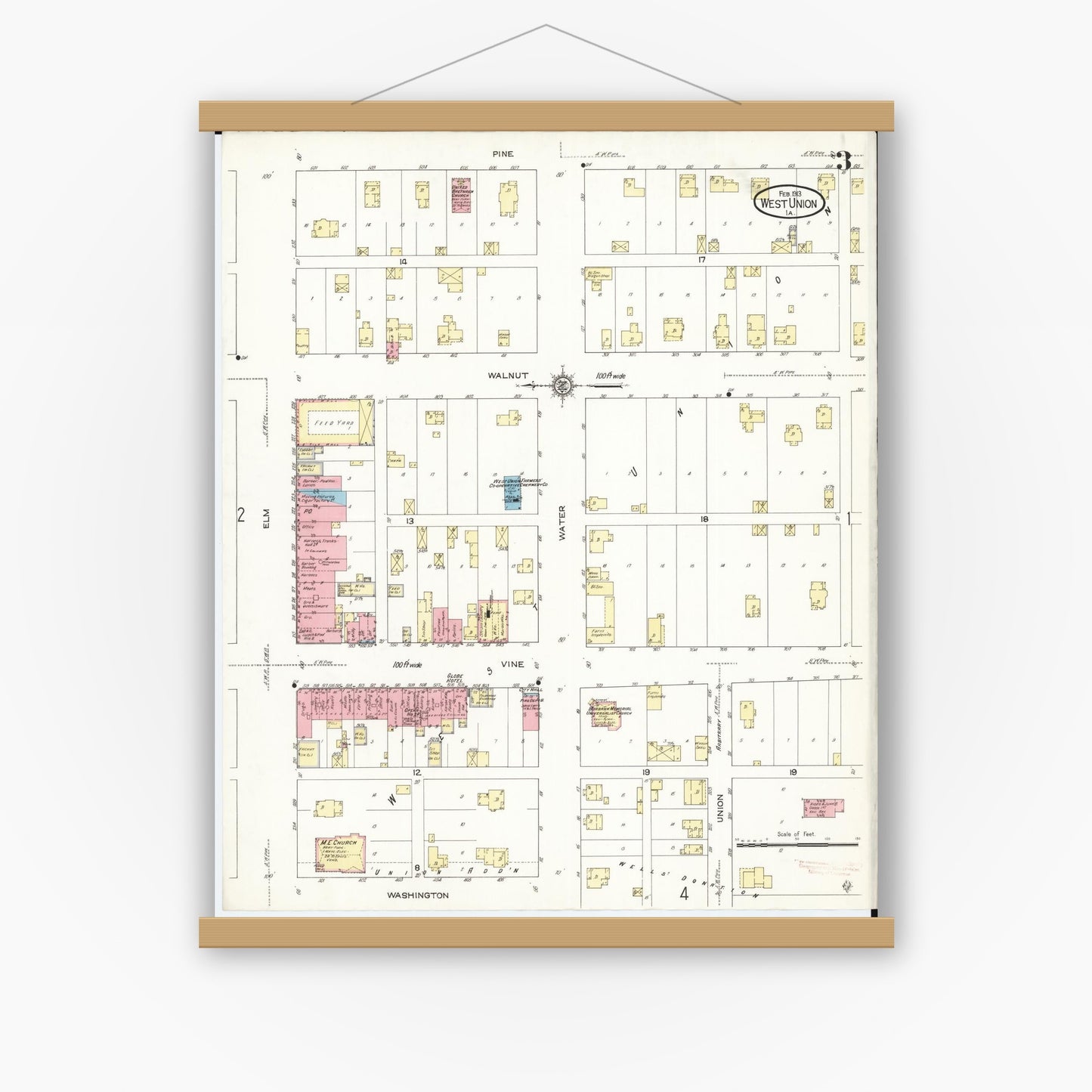 Old map wall art mockup — magnetic wood frame on white wall — Sanborn Fire Insurance Map from West Union, Fayette County, Iowa (1913), Sheet #0003