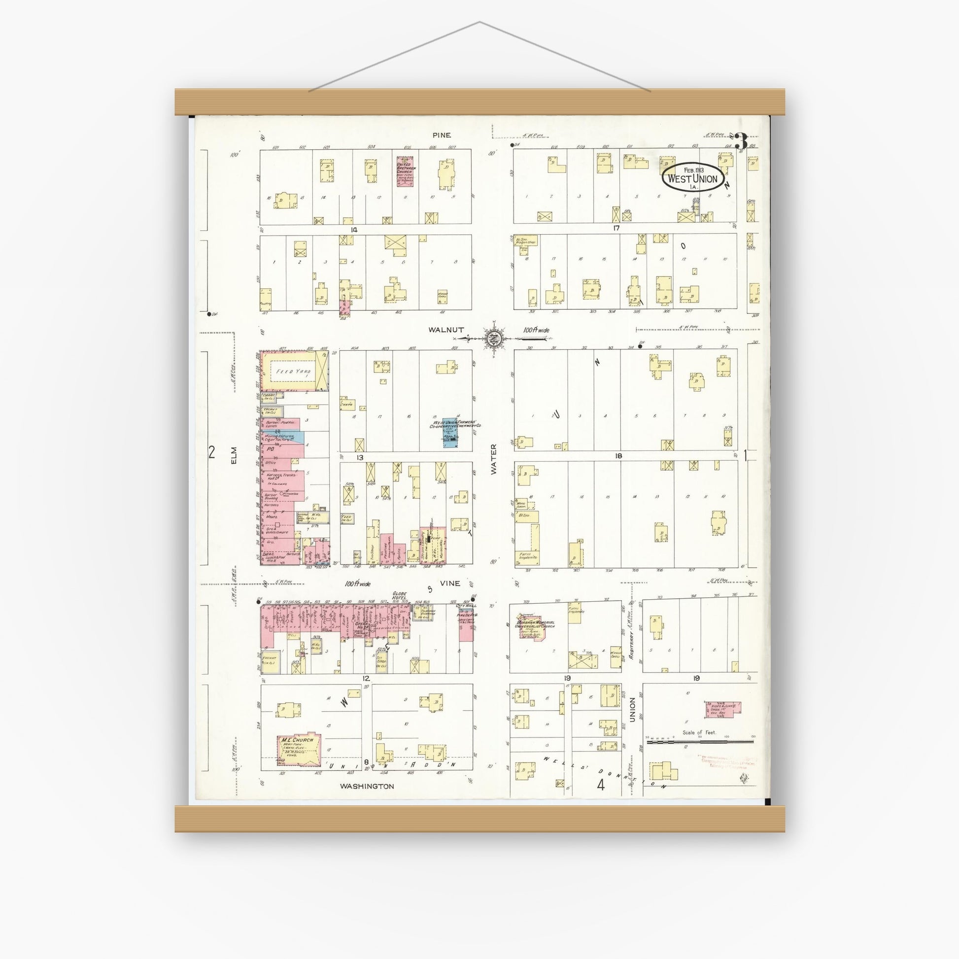 Old map wall art mockup — magnetic wood frame on white wall — Sanborn Fire Insurance Map from West Union, Fayette County, Iowa (1913), Sheet #0003