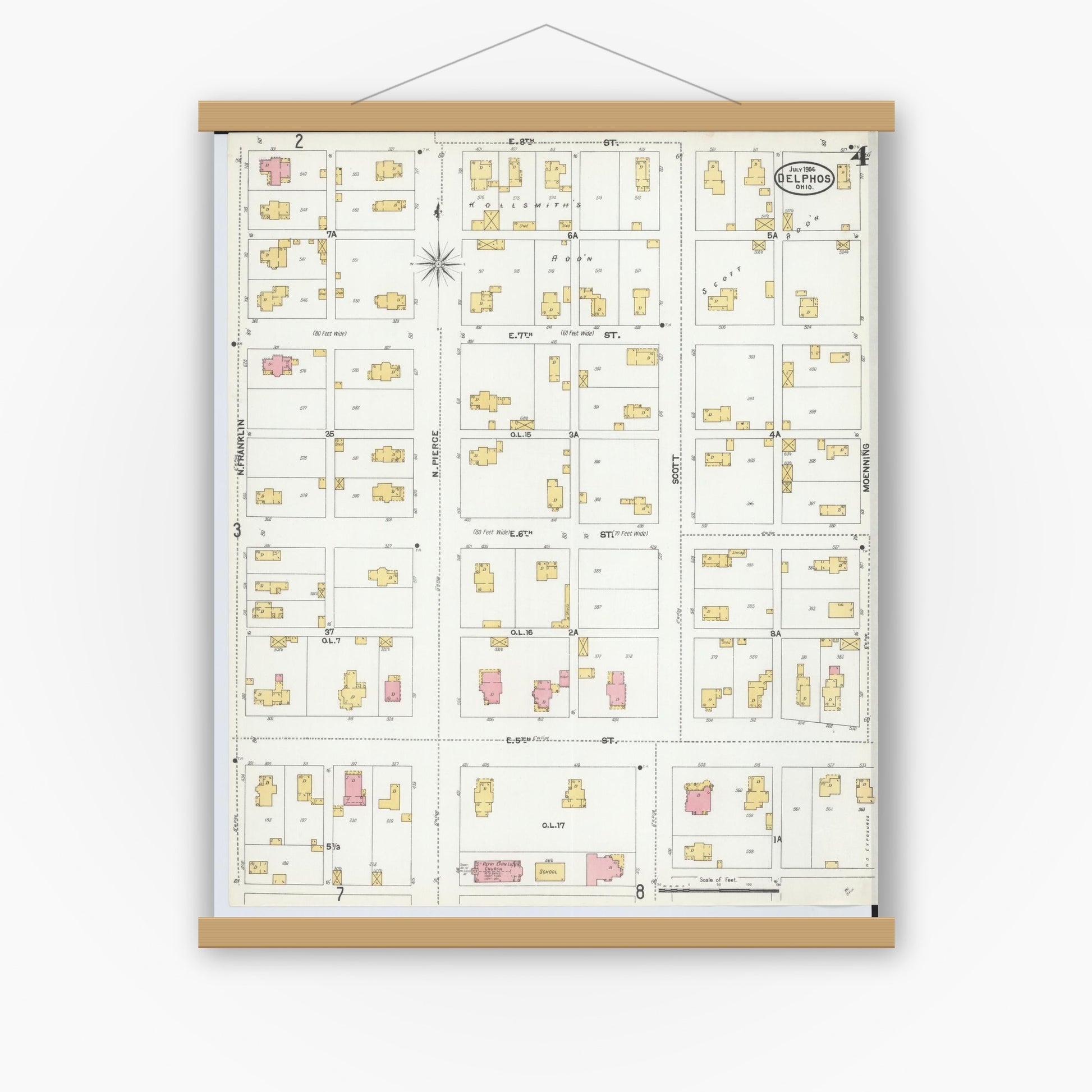 Old map wall art mockup — magnetic wood frame on white wall — Sanborn Fire Insurance Map from Delphos, Van Wert And Allen Counties, Ohio (1904), Sheet #0004