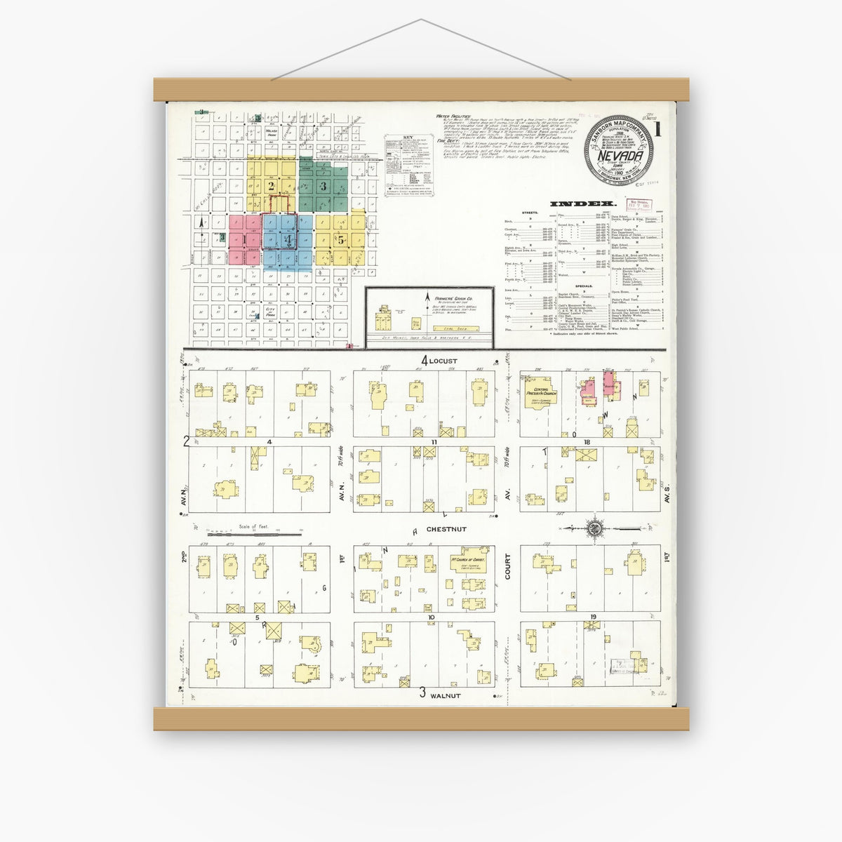 Old map wall art mockup — magnetic wood frame on white wall — Sanborn Fire Insurance Map from Nevada, Story County, Iowa (1910) â€” Complete Set