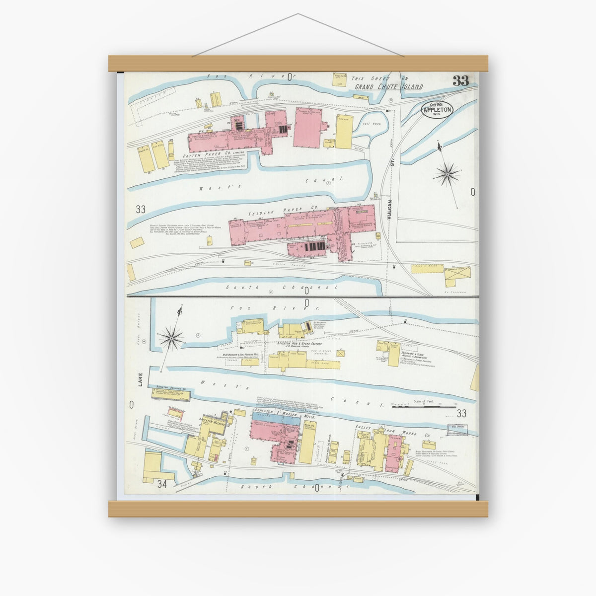 Old map wall art mockup — magnetic wood frame on white wall — Sanborn Fire Insurance Map from Appleton, Outagamie County, Wisconsin (1901), Sheet #0033