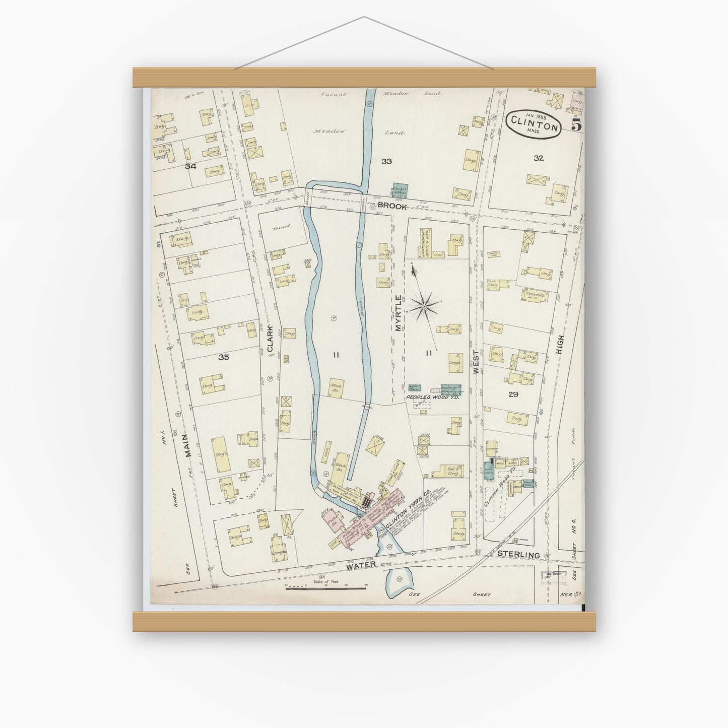 Old map wall art mockup — magnetic wood frame on white wall — Sanborn Fire Insurance Map from Clinton, Worcester County, Massachusetts (1888), Sheet #0005