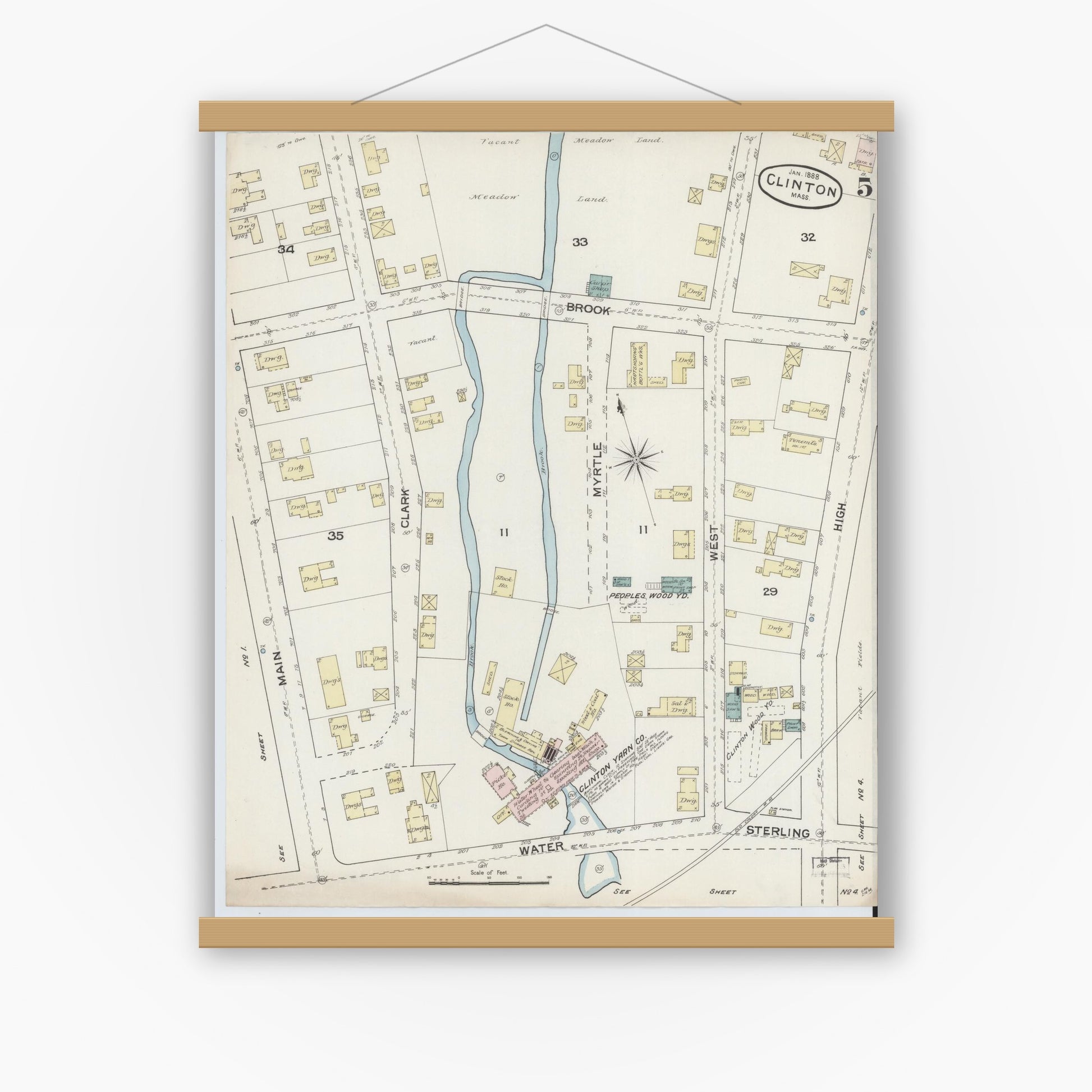 Old map wall art mockup — magnetic wood frame on white wall — Sanborn Fire Insurance Map from Clinton, Worcester County, Massachusetts (1888), Sheet #0005