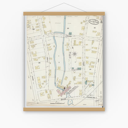 Old map wall art mockup — magnetic wood frame on white wall — Sanborn Fire Insurance Map from Clinton, Worcester County, Massachusetts (1888), Sheet #0005