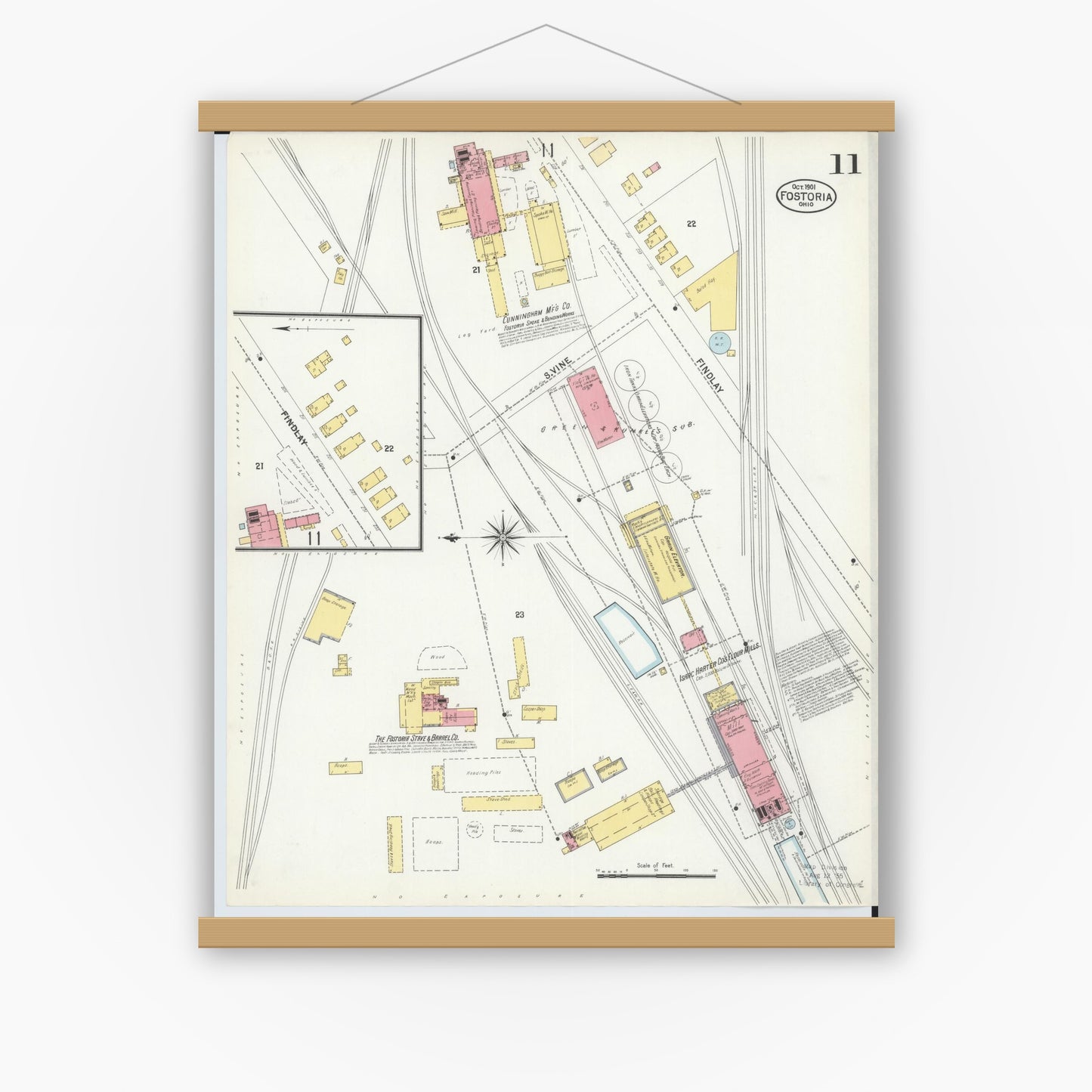 Old map wall art mockup — magnetic wood frame on white wall — Sanborn Fire Insurance Map from Fostoria, Seneca, Hancock, And Wood Counties, Ohio (1901), Sheet #0011