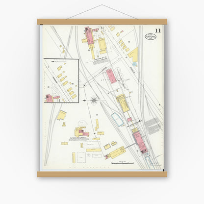 Old map wall art mockup — magnetic wood frame on white wall — Sanborn Fire Insurance Map from Fostoria, Seneca, Hancock, And Wood Counties, Ohio (1901), Sheet #0011