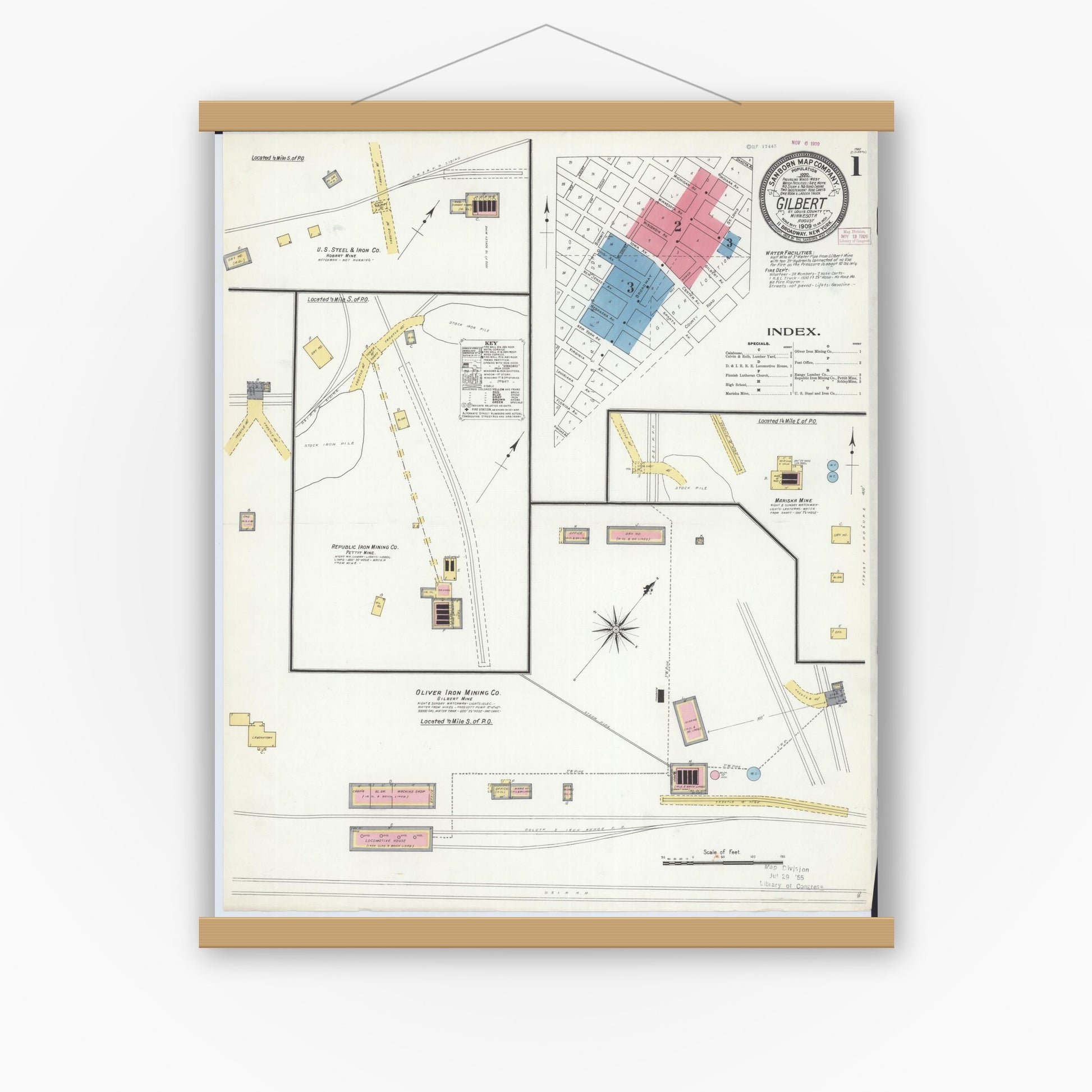 Old map wall art mockup — magnetic wood frame on white wall — Sanborn Fire Insurance Map from Gilbert, Saint Louis County, Minnesota (1909), Sheet #0001