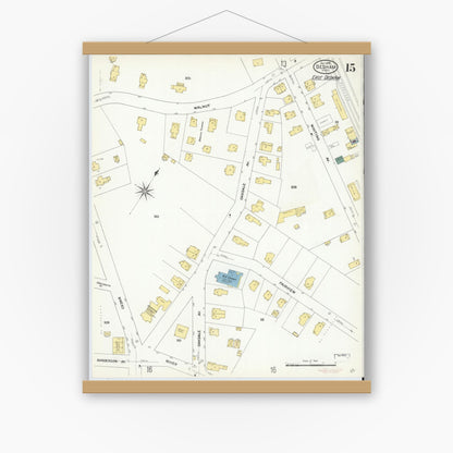Old map wall art mockup — magnetic wood frame on white wall — Sanborn Fire Insurance Map from Dedham, Norfolk County, Massachusetts (1909), Sheet #0015