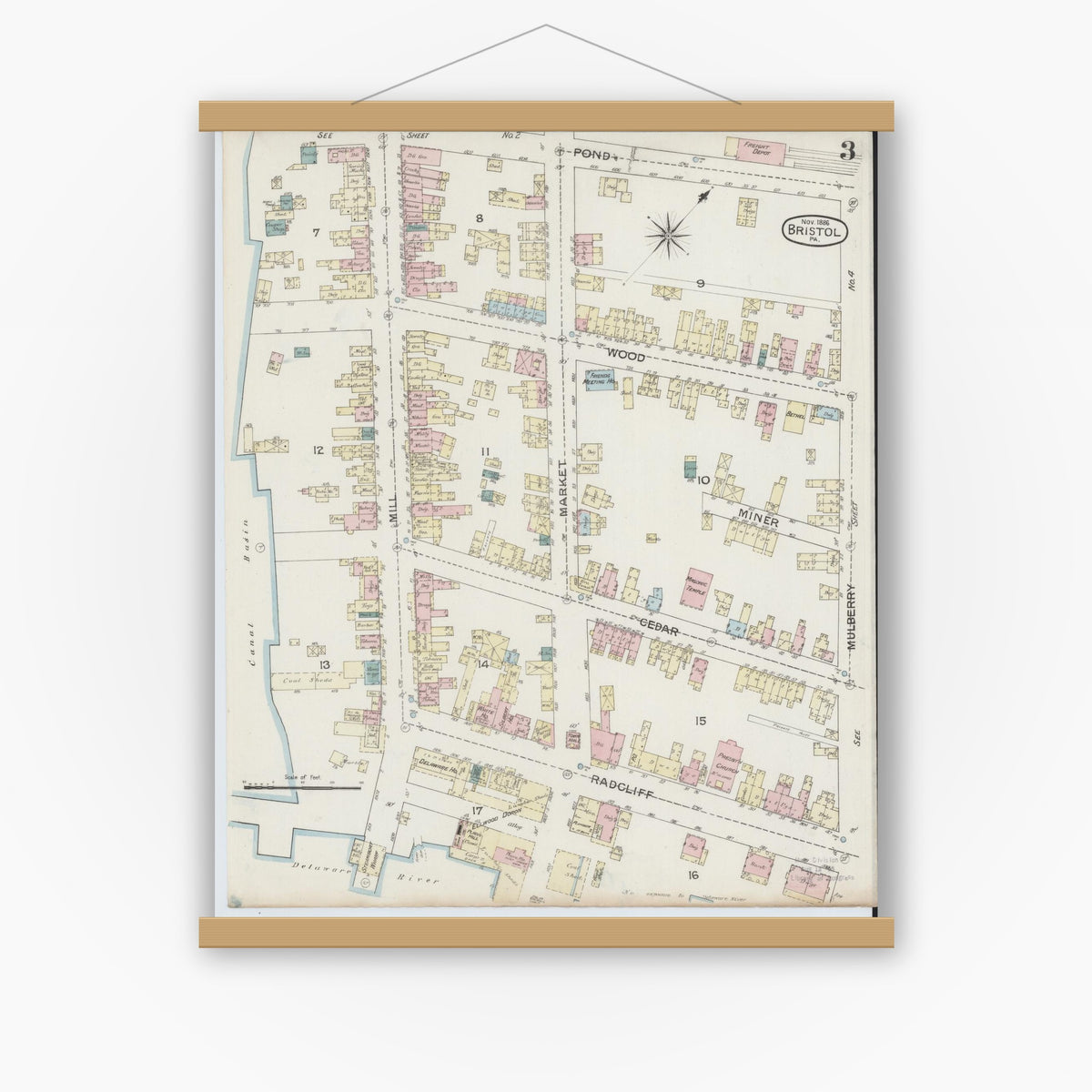 Old map wall art mockup — magnetic wood frame on white wall — Sanborn Fire Insurance Map from Bristol, Bucks County, Pennsylvania (1886), Sheet #0003
