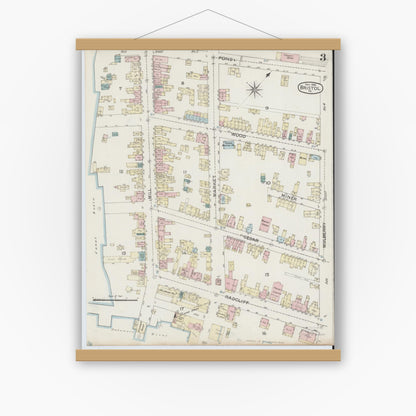 Old map wall art mockup — magnetic wood frame on white wall — Sanborn Fire Insurance Map from Bristol, Bucks County, Pennsylvania (1886), Sheet #0003