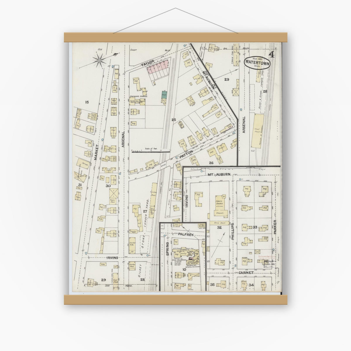 Old map wall art mockup — magnetic wood frame on white wall — Sanborn Fire Insurance Map from Watertown, Middlesex County, Massachusetts (1889), Sheet #0004