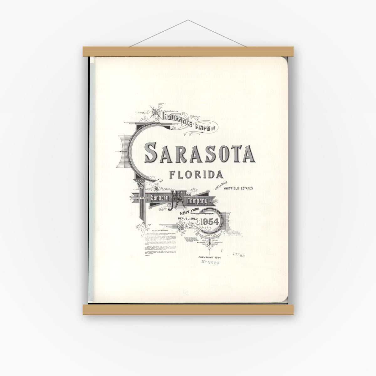 Old map wall art mockup — magnetic wood frame on white wall — Sanborn Fire Insurance Map from Sarasota, Sarasota County, Florida (1954), Sheet #0001