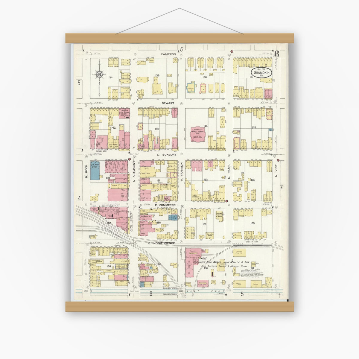 Old map wall art mockup — magnetic wood frame on white wall — Sanborn Fire Insurance Map from Shamokin, Northumberland County, Pennsylvania (1913), Sheet #0006