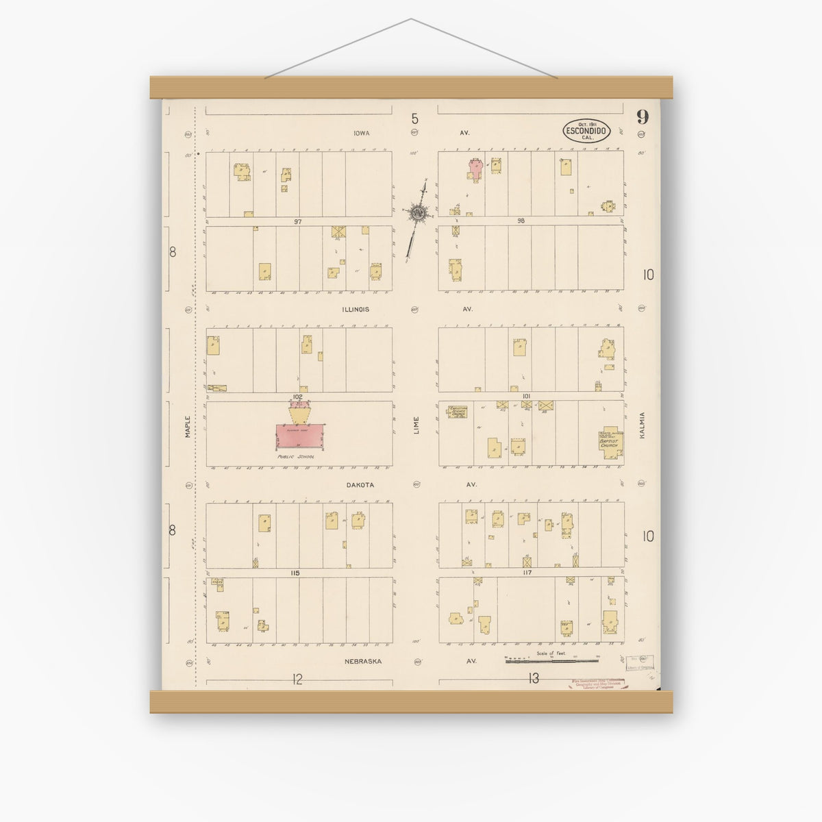 Old map wall art mockup — magnetic wood frame on white wall — Sanborn Fire Insurance Map from Escondido, San Diego County, California (1911), Sheet #0009