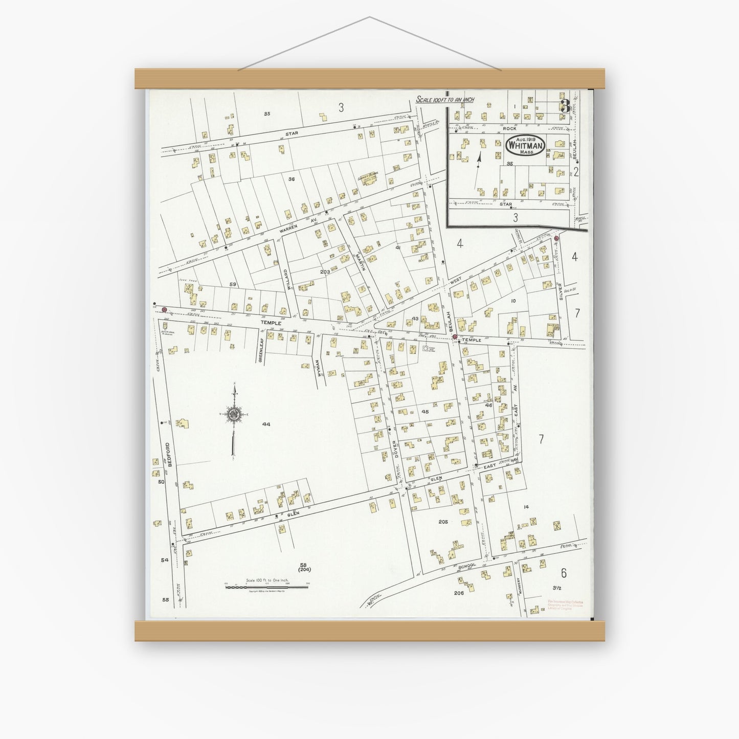 Old map wall art mockup — magnetic wood frame on white wall — Sanborn Fire Insurance Map from Whitman, Plymouth County, Massachusetts (1919), Sheet #0003