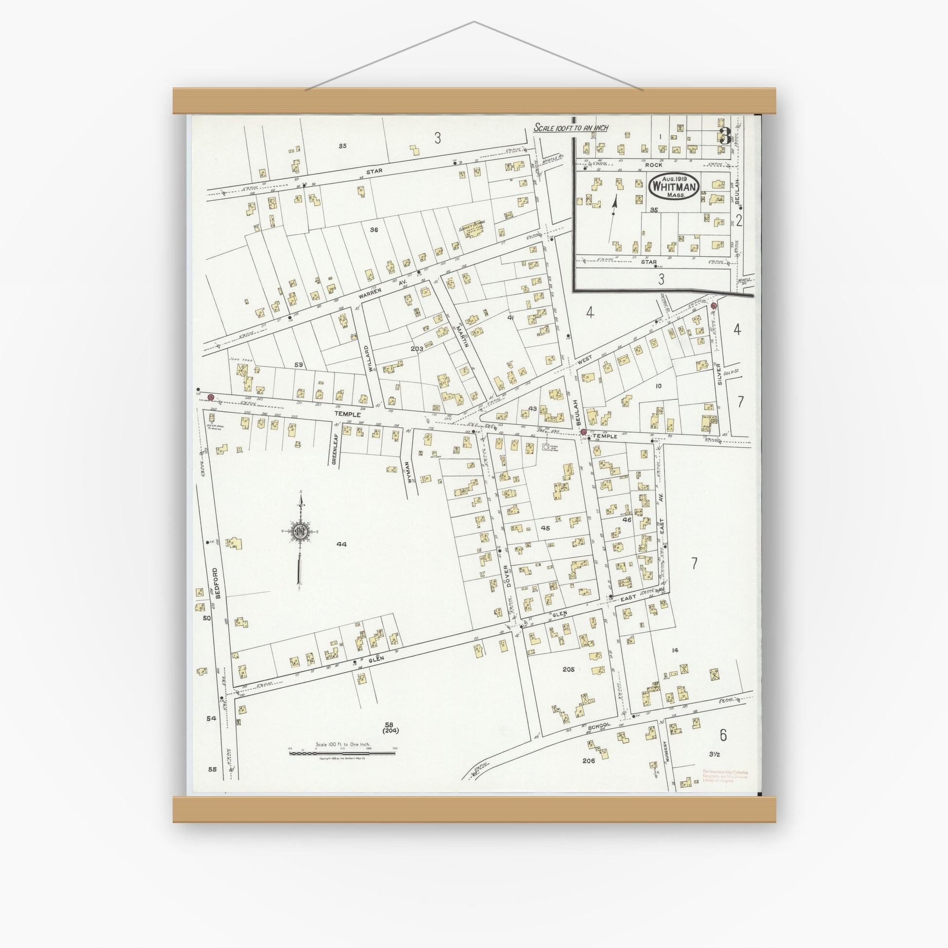 Old map wall art mockup — magnetic wood frame on white wall — Sanborn Fire Insurance Map from Whitman, Plymouth County, Massachusetts (1919), Sheet #0003