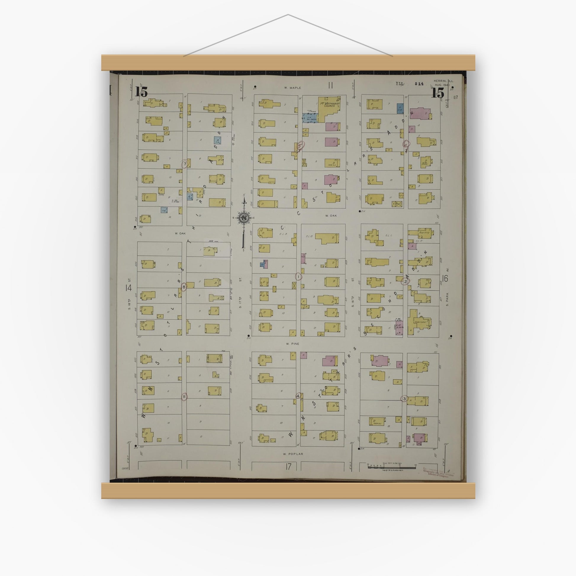 Old map wall art mockup — magnetic wood frame on white wall — Sanborn Fire Insurance Map from Herrin, Williamson County, Illinois (1947), Sheet #0015