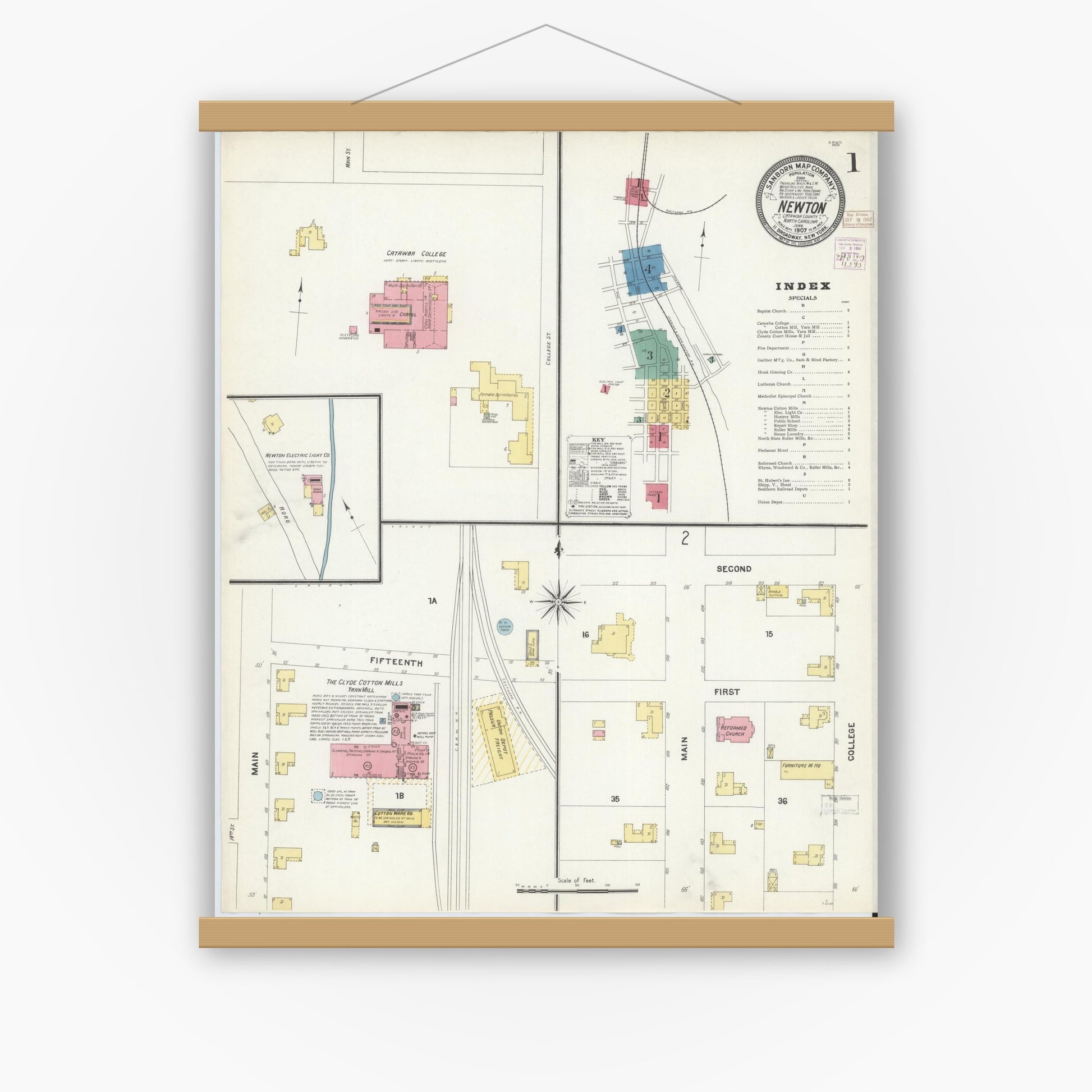 Old map wall art mockup — magnetic wood frame on white wall — Sanborn Fire Insurance Map from Newton, Catawba County, North Carolina (1907), Sheet #0001