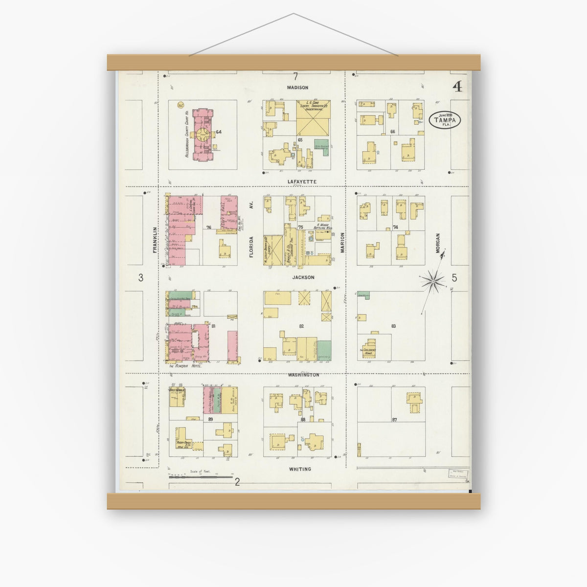 Old map wall art mockup — magnetic wood frame on white wall — Sanborn Fire Insurance Map from Tampa, Hillsborough County, Florida (1899), Sheet #0004