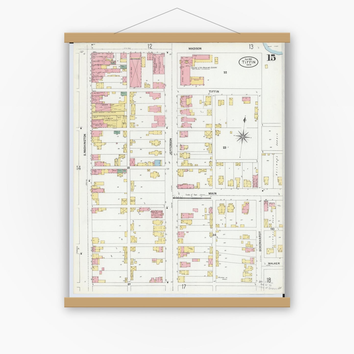 Old map wall art mockup — magnetic wood frame on white wall — Sanborn Fire Insurance Map from Tiffin, Seneca County, Ohio (1901), Sheet #0015