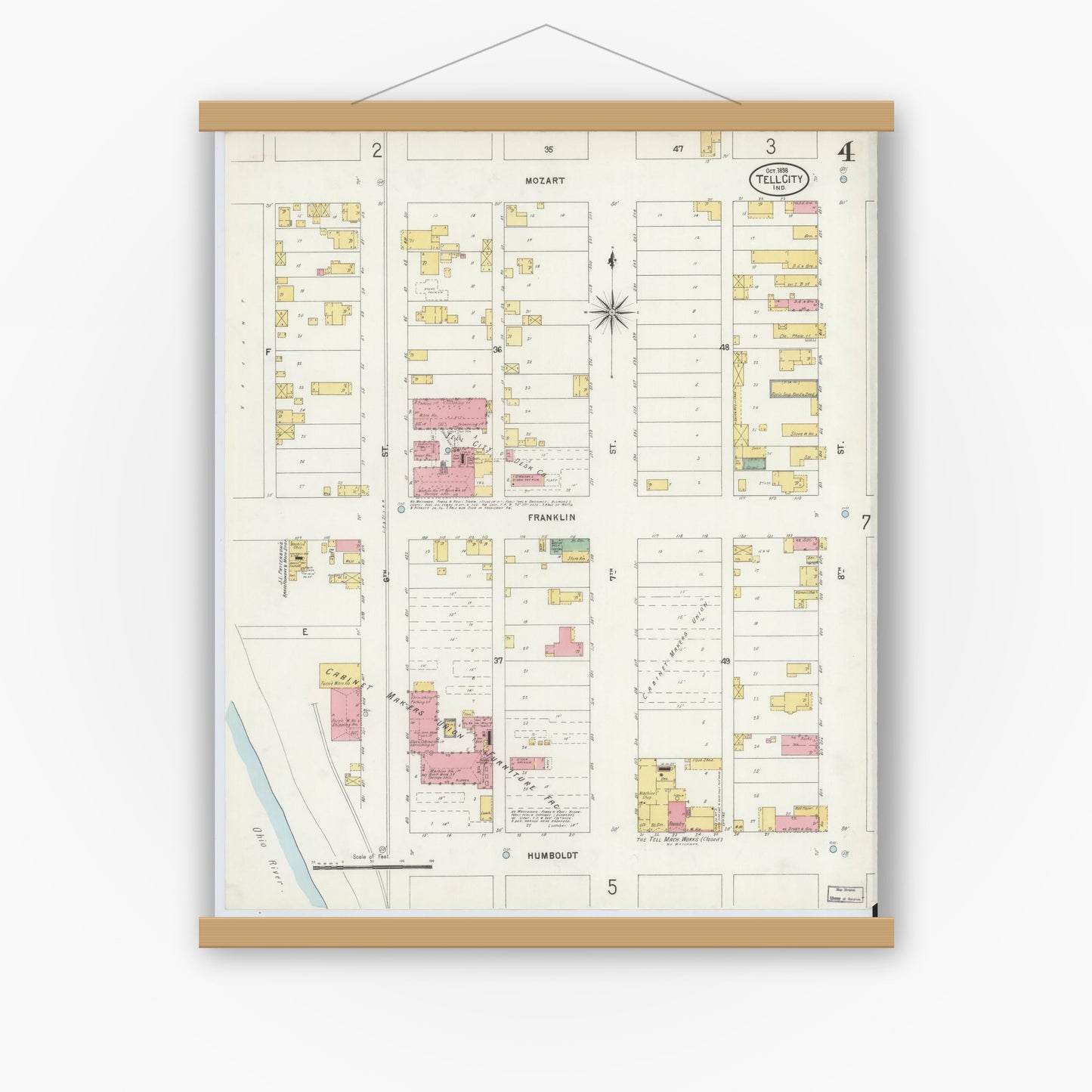 Old map wall art mockup — magnetic wood frame on white wall — Sanborn Fire Insurance Map from Tell City, Perry County, Indiana (1898), Sheet #0004