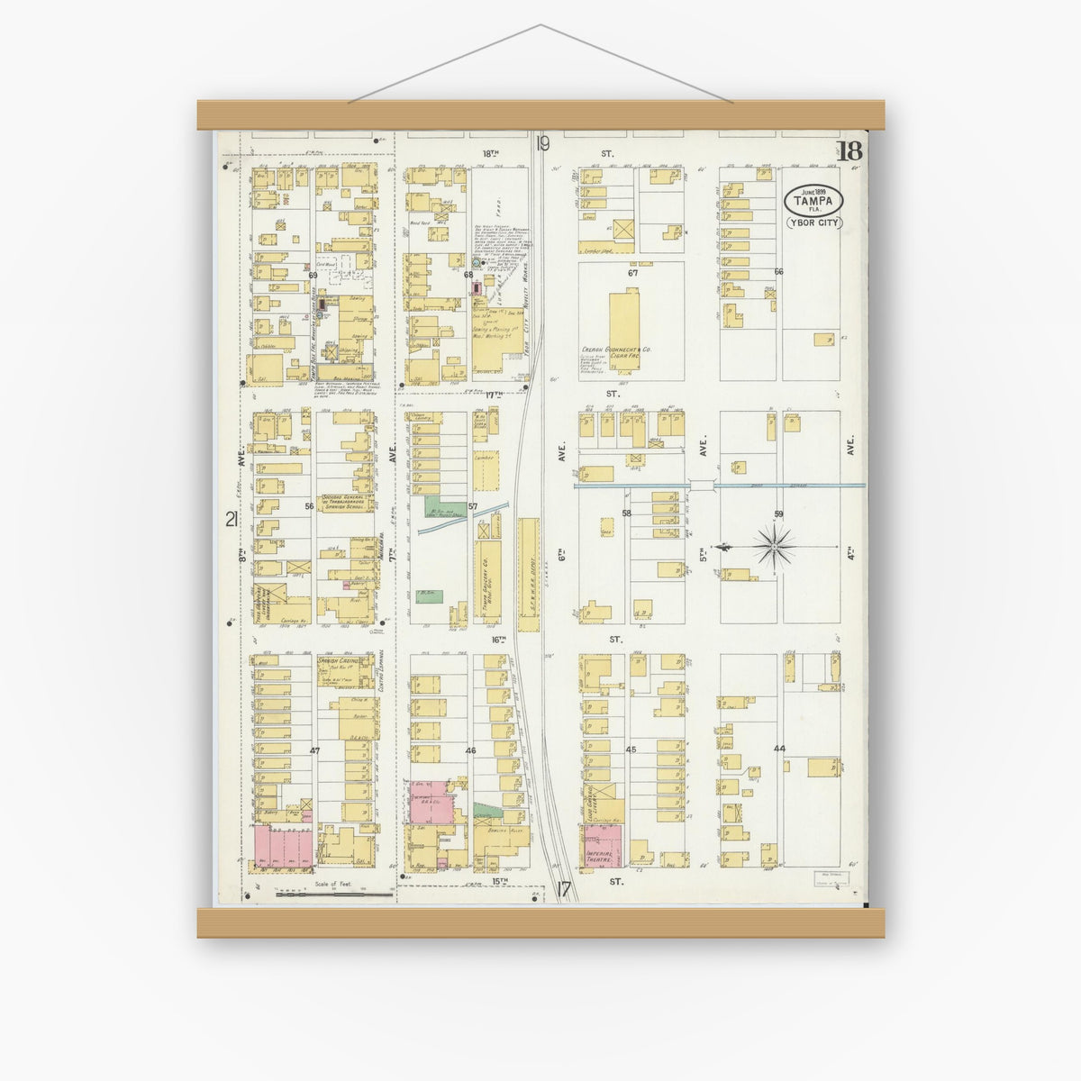 Old map wall art mockup — magnetic wood frame on white wall — Sanborn Fire Insurance Map from Tampa, Hillsborough County, Florida (1899), Sheet #0018
