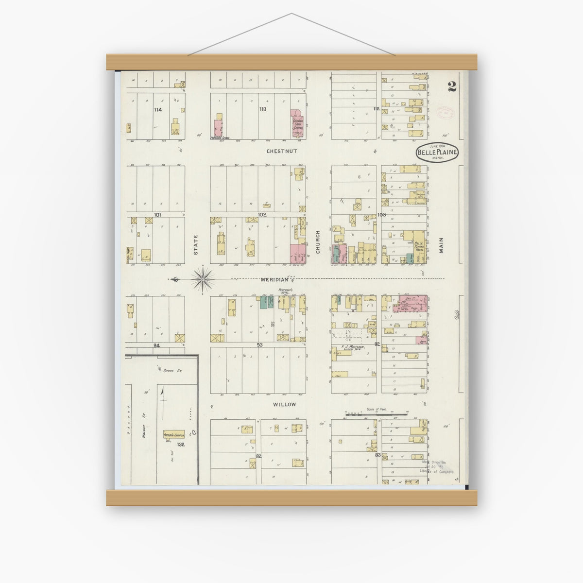 Old map wall art mockup — magnetic wood frame on white wall — Sanborn Fire Insurance Map from Belle Plaine, Scott County, Minnesota (1894), Sheet #0002