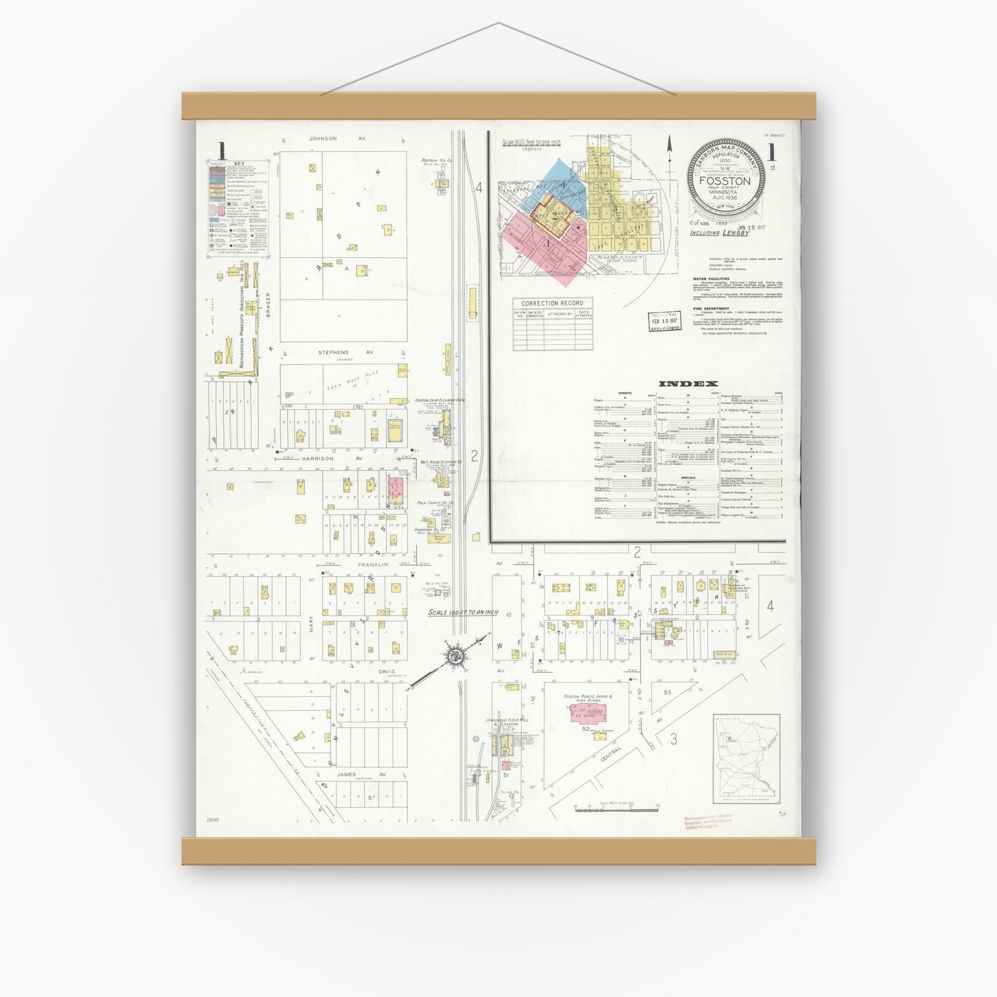 Old map wall art mockup — magnetic wood frame on white wall — Sanborn Fire Insurance Map from Fosston, Polk County, Minnesota (1936), Sheet #0001