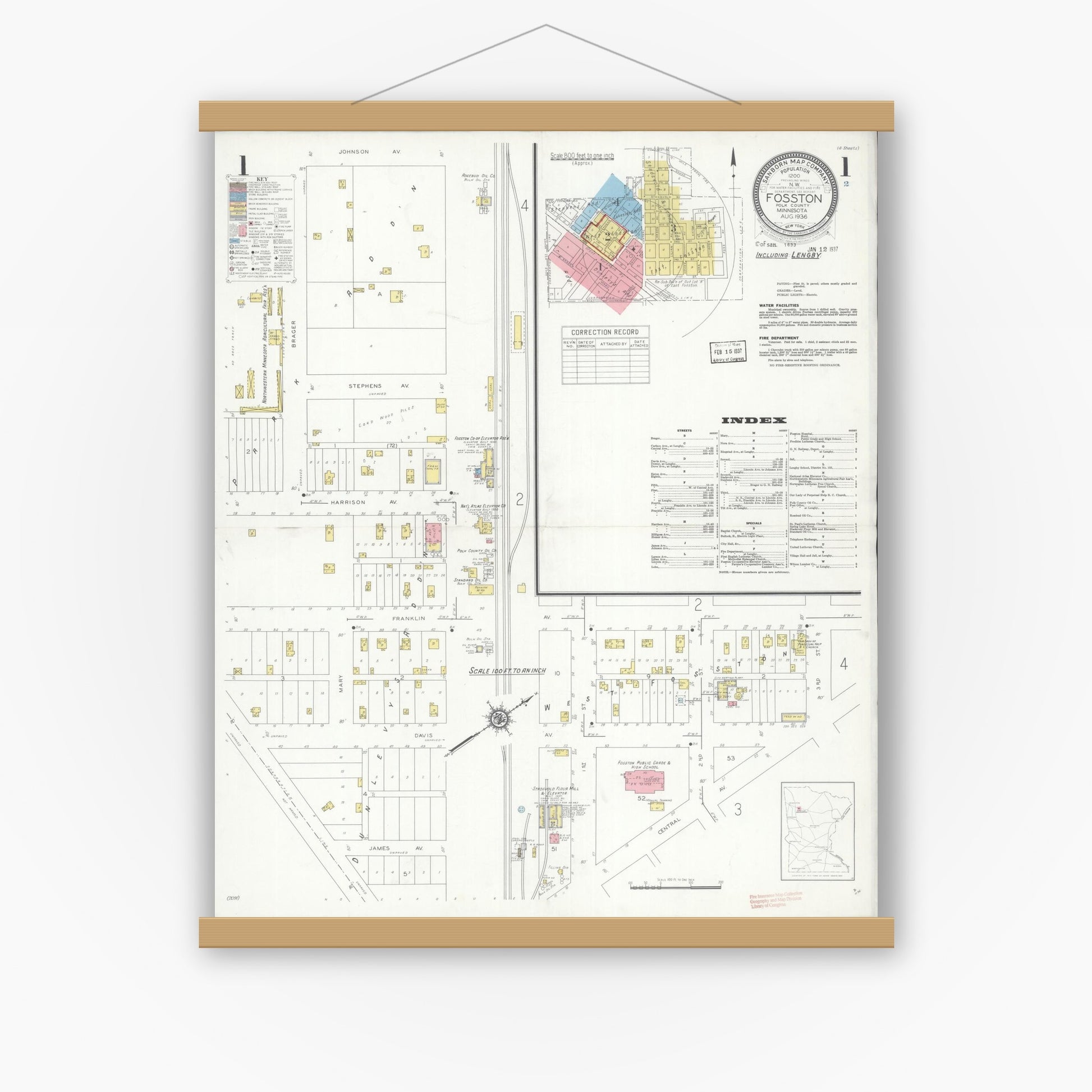 Old map wall art mockup — magnetic wood frame on white wall — Sanborn Fire Insurance Map from Fosston, Polk County, Minnesota (1936), Sheet #0001