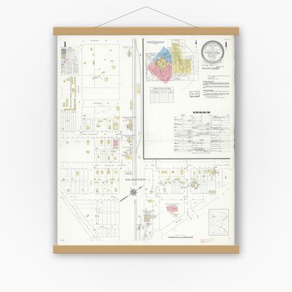 Old map wall art mockup — magnetic wood frame on white wall — Sanborn Fire Insurance Map from Fosston, Polk County, Minnesota (1936), Sheet #0001