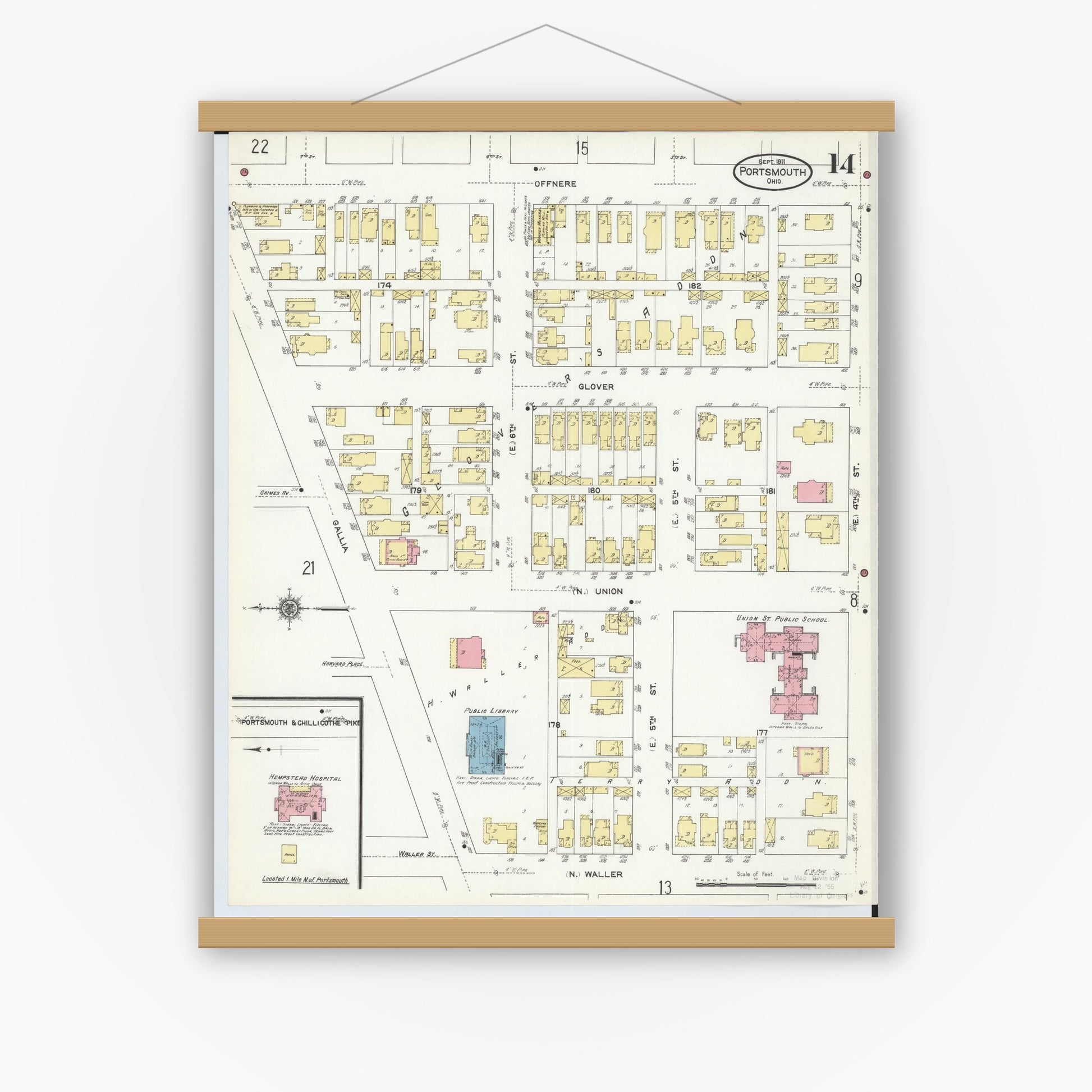Old map wall art mockup — magnetic wood frame on white wall — Sanborn Fire Insurance Map from Portsmouth, Scioto County, Ohio (1911), Sheet #0014