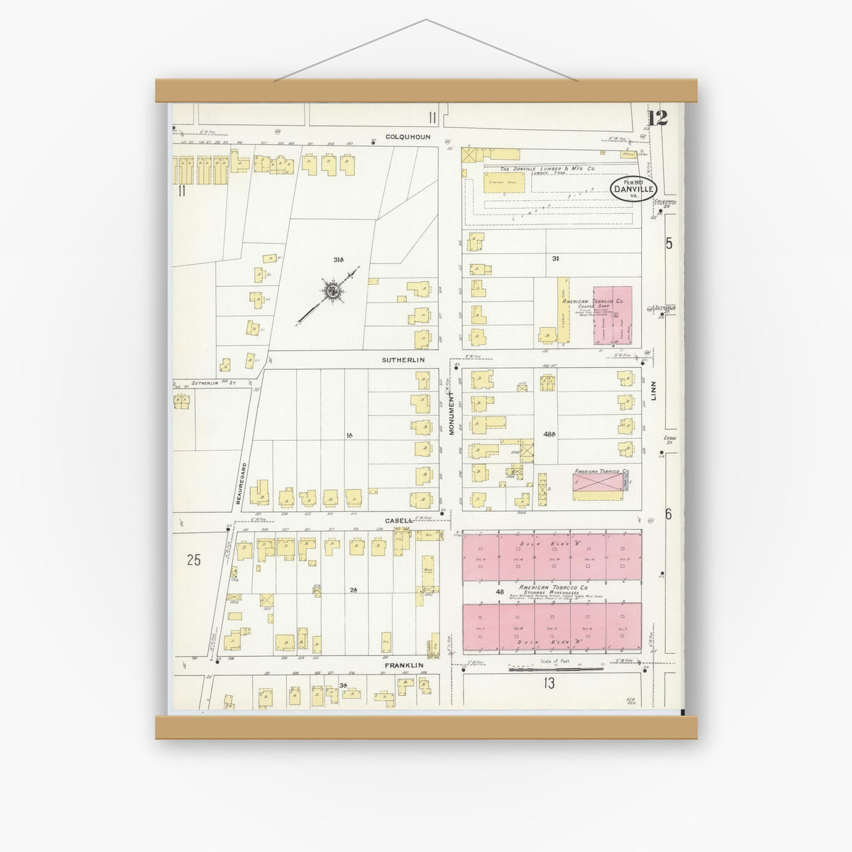Old map wall art mockup — magnetic wood frame on white wall — Sanborn Fire Insurance Map from Danville, Independent Cities, Virginia (1910), Sheet #0012