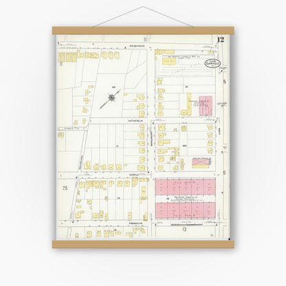 Old map wall art mockup — magnetic wood frame on white wall — Sanborn Fire Insurance Map from Danville, Independent Cities, Virginia (1910), Sheet #0012