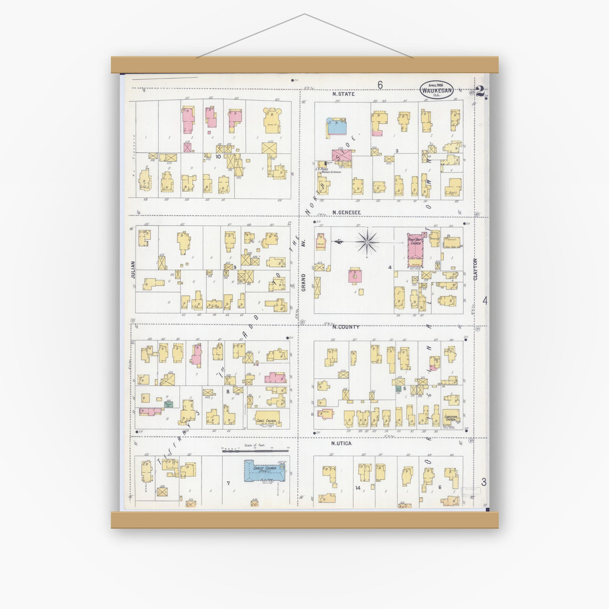 Old map wall art mockup — magnetic wood frame on white wall — Sanborn Fire Insurance Map from Waukegan, Lake County, Illinois (1900), Sheet #0002