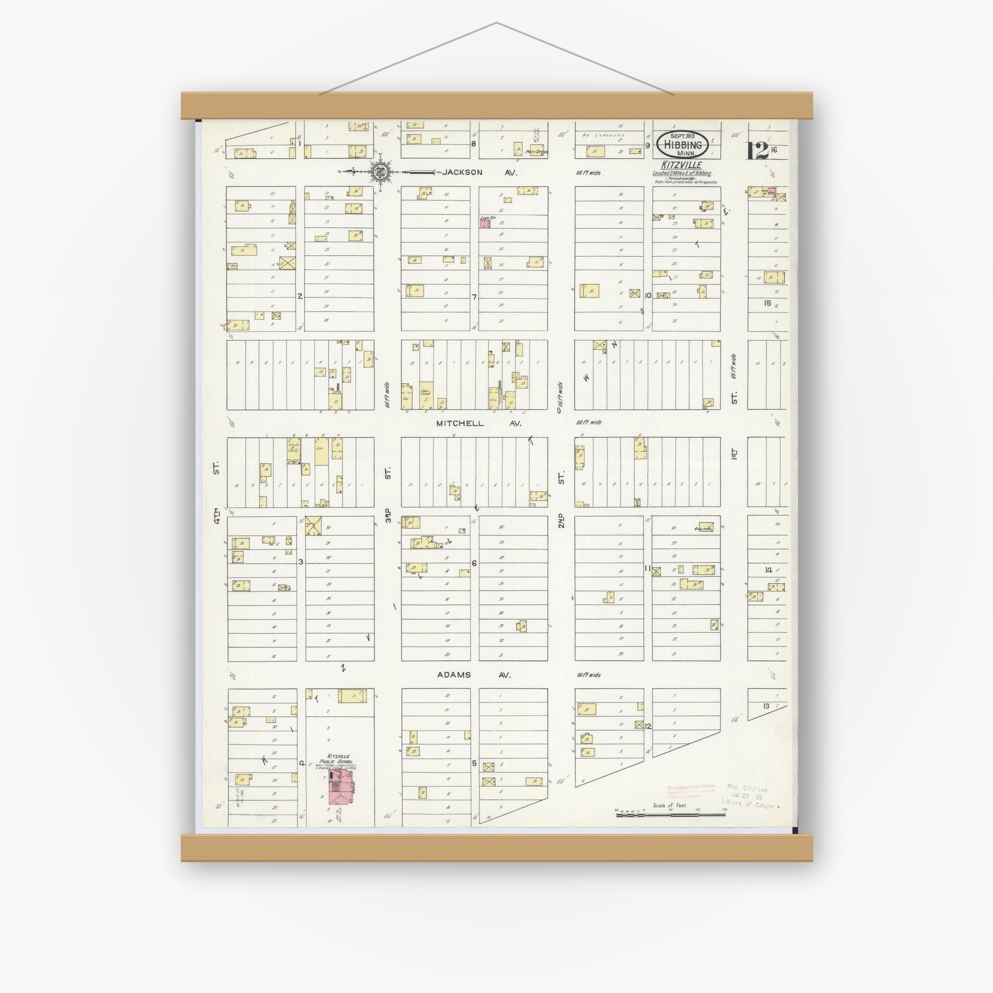 Old map wall art mockup — magnetic wood frame on white wall — Sanborn Fire Insurance Map from Hibbing, Saint Louis County, Minnesota (1913), Sheet #0012