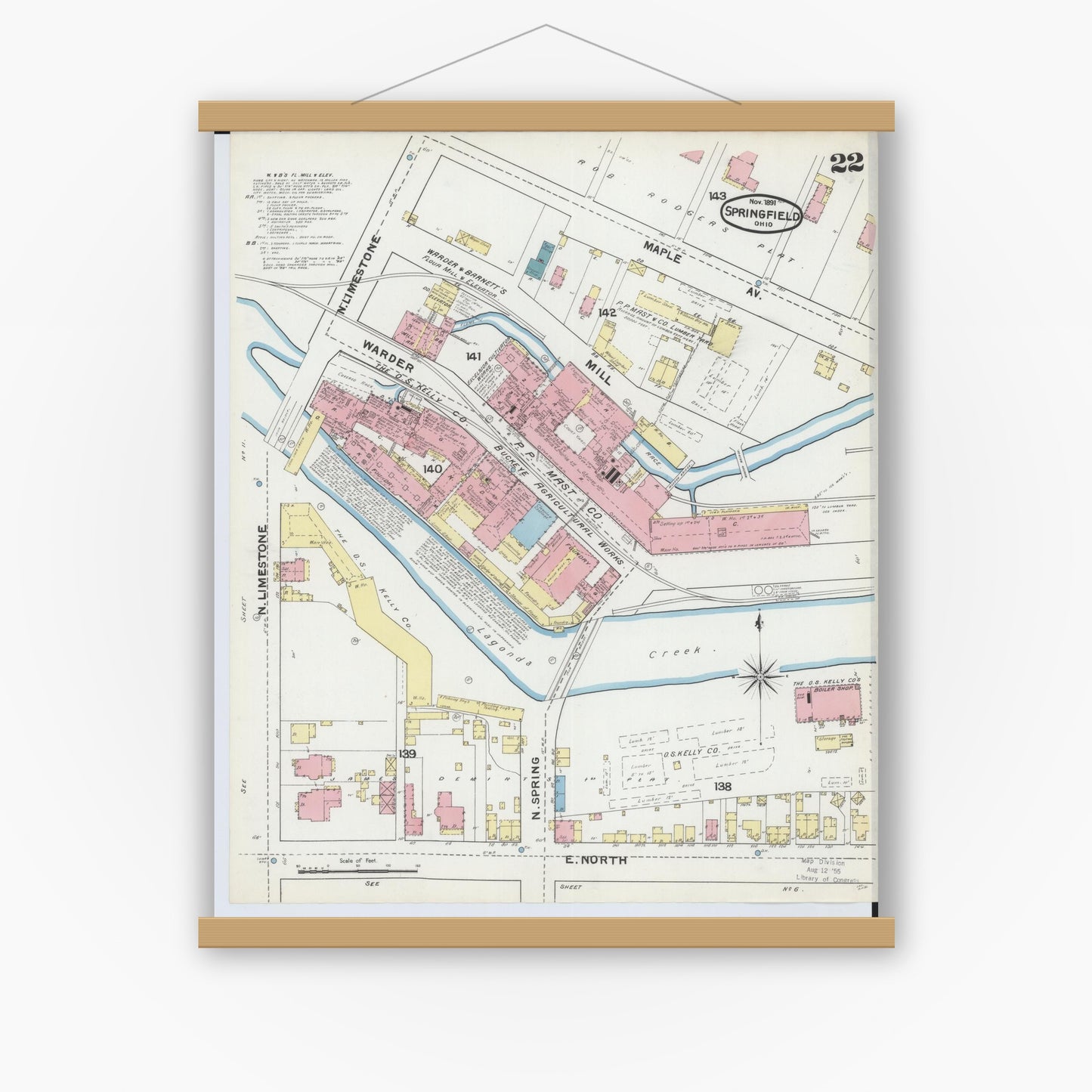 Old map wall art mockup — magnetic wood frame on white wall — Sanborn Fire Insurance Map from Springfield, Clark County, Ohio (1891), Sheet #0022