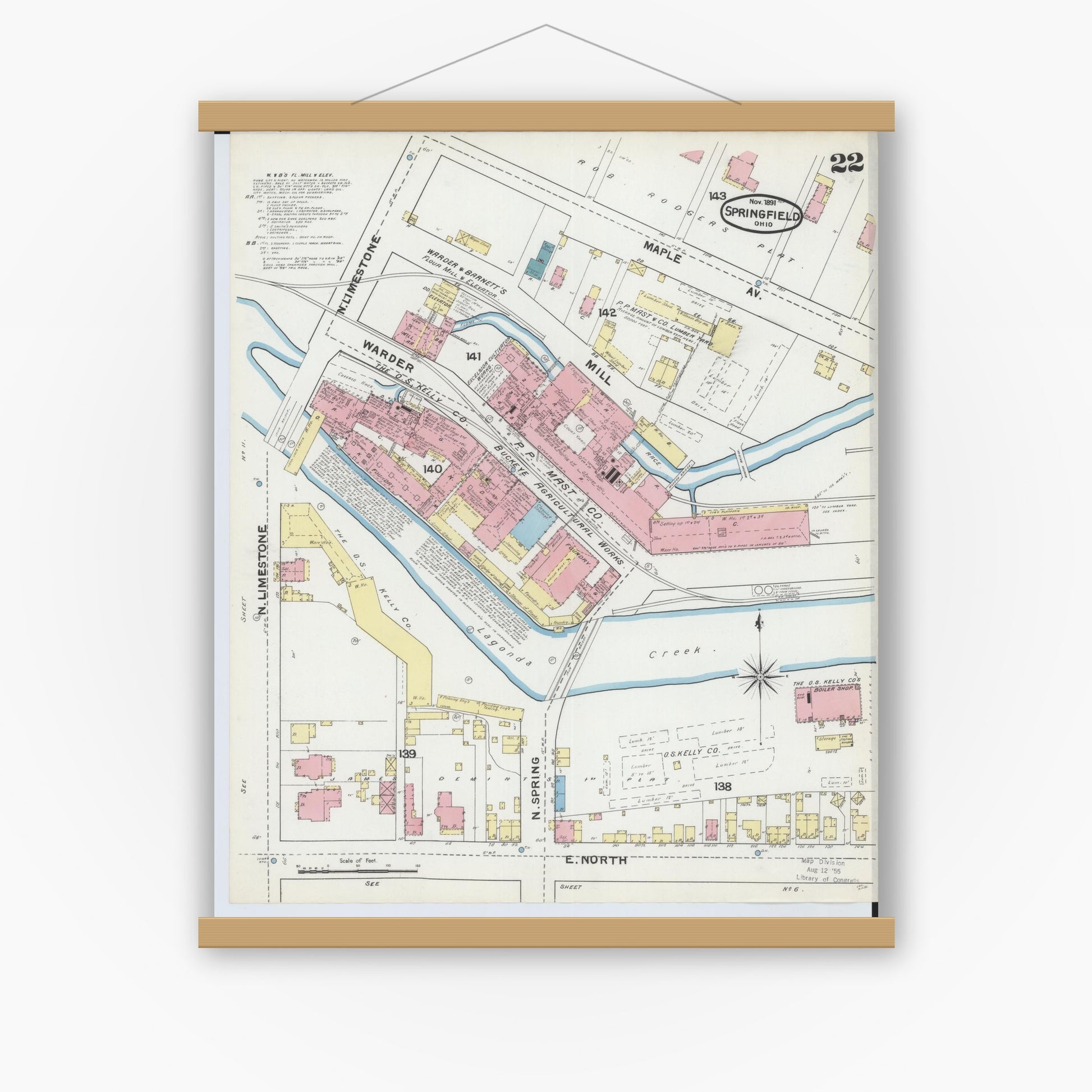 Old map wall art mockup — magnetic wood frame on white wall — Sanborn Fire Insurance Map from Springfield, Clark County, Ohio (1891), Sheet #0022