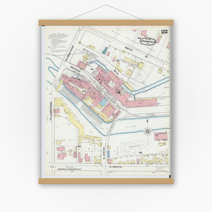 Old map wall art mockup — magnetic wood frame on white wall — Sanborn Fire Insurance Map from Springfield, Clark County, Ohio (1891), Sheet #0022