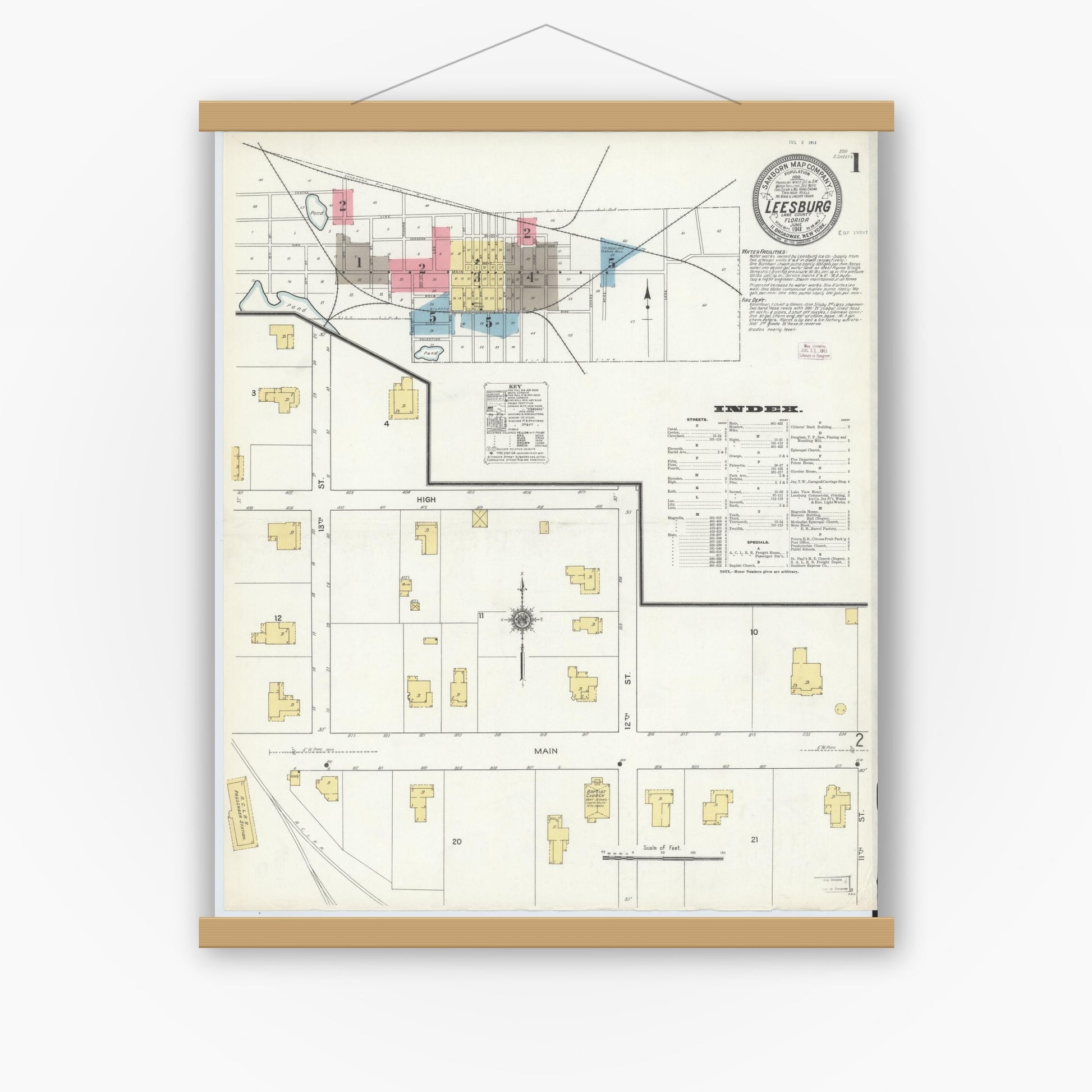 Old map wall art mockup — magnetic wood frame on white wall — Sanborn Fire Insurance Map from Leesburg, Lake County, Florida (1911), Sheet #0001
