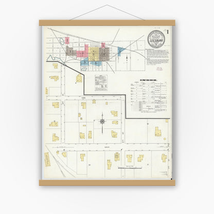 Old map wall art mockup — magnetic wood frame on white wall — Sanborn Fire Insurance Map from Leesburg, Lake County, Florida (1911), Sheet #0001