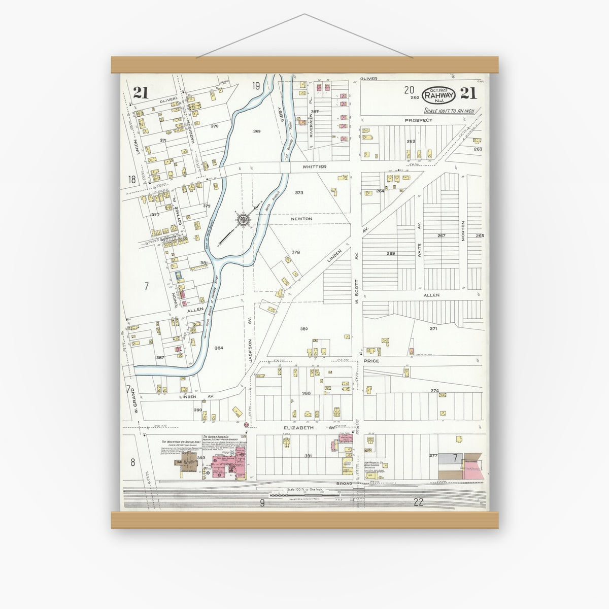 Old map wall art mockup — magnetic wood frame on white wall — Sanborn Fire Insurance Map from Rahway, Union County, New Jersey (1923), Sheet #0021