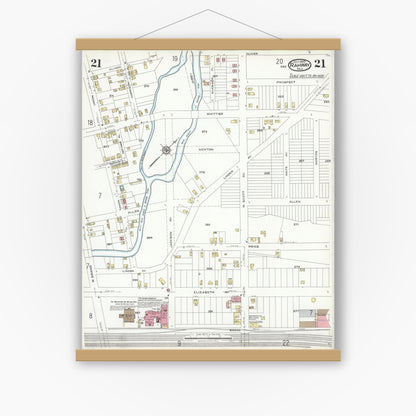 Old map wall art mockup — magnetic wood frame on white wall — Sanborn Fire Insurance Map from Rahway, Union County, New Jersey (1923), Sheet #0021