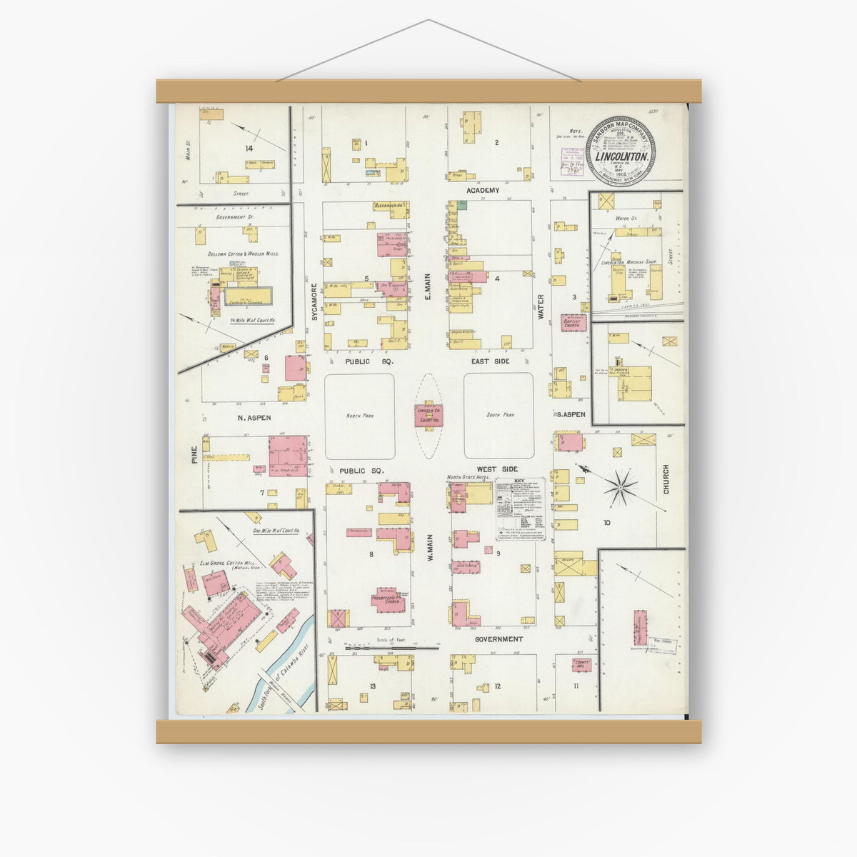 Old map wall art mockup — magnetic wood frame on white wall — Sanborn Fire Insurance Map from Lincolnton, Lincoln County, North Carolina (1902), Sheet #0001