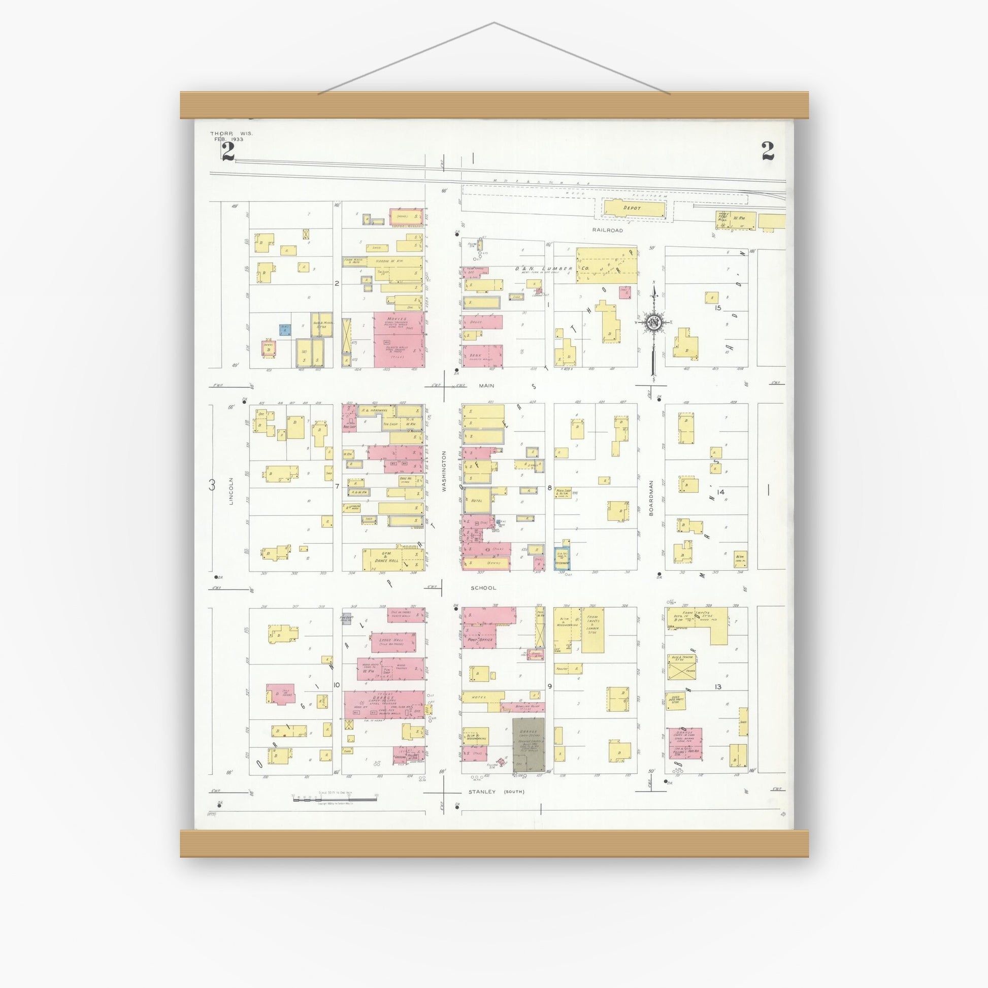 Old map wall art mockup — magnetic wood frame on white wall — Sanborn Fire Insurance Map from Thorpe, Clark County, Wisconsin (1933), Sheet #0002