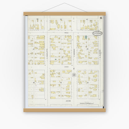 Old map wall art mockup — magnetic wood frame on white wall — Sanborn Fire Insurance Map from Escanaba, Delta County, Michigan (1893), Sheet #0006